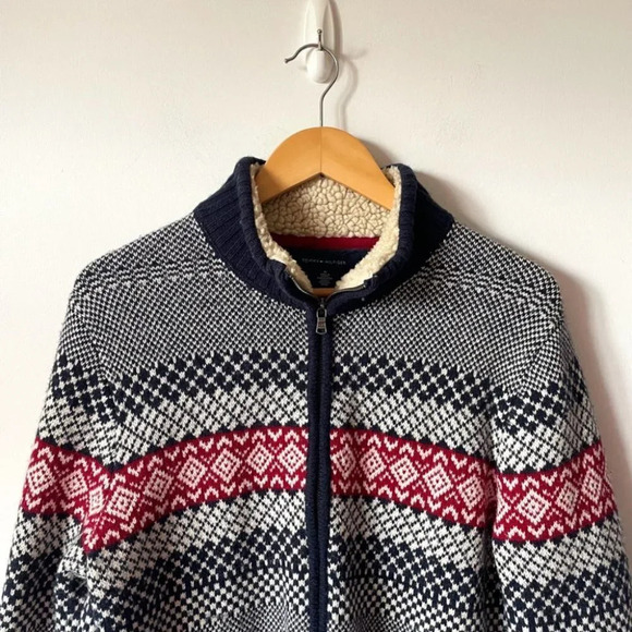 Tommy Hilfiger Sweater Wool Blend Blue Fair Isle Wool Full Zip Apres Ski Medium - Picture 2 of 5
